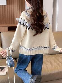 Geometric Patterned Casual Pullover Sweater With Long Sleeve - Beige - View 2
