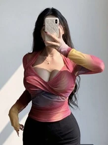 DAZY Women's Tie Dye Front Cross Design Slim Fit Top Sheer Long Sleeve Women Tops - Multicolor - View 1