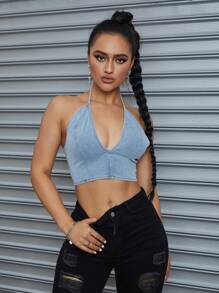 Sexy Halter Neck V-Neck Denim Top - Light Wash - View 1