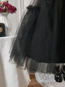 SHEIN Glamorique Kids Young Girl/ Young Girls' Black Lapel Mesh Dress, Dark Style Suitable For Halloween, Parties, And Daily Wear,Occasion Wear,Holiday,Summer,Travel Summer Holiday