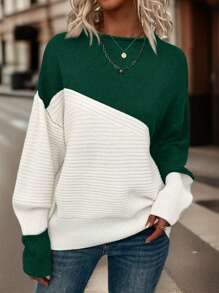 SHEIN LUNE Plus Size Women's Round Neck Colorblock Sweater Pullover Knit Pullover Fall Winter - Multicolor - View 5