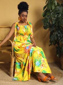 Slaydiva Plus Size Summer Tropical Print Tie Waist Hawaiian Dress - Yellow - View 5