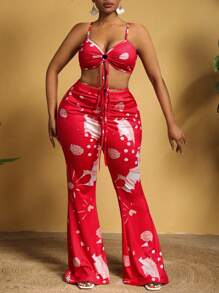 Slaydiva 大尺碼女士波點印花綁頸上衣和褶皺擴腳褲套裝 - 紅色 - 查看 5