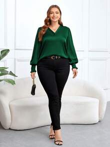 SHEIN Clasi Women'S Plus Size Lantern Sleeve Shirt - Dark Green - View 6