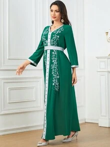 时尚刺绣串珠拼布编织腰带长袖女式阿拉伯连衣裙（带腰带） - 綠色 - 查看 6