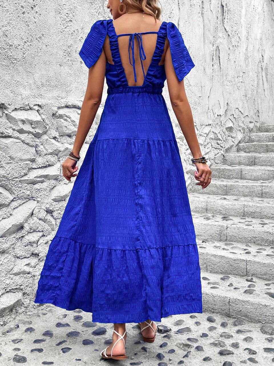 Solid Color Frill Trim Deep V-Neckline Dress