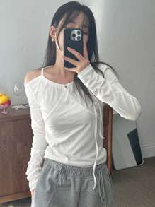 DAZY Ladies' Solid Color Asymmetrical Neck Hollow Out T-Shirt Long Sleeve Women Tops - White - View 6