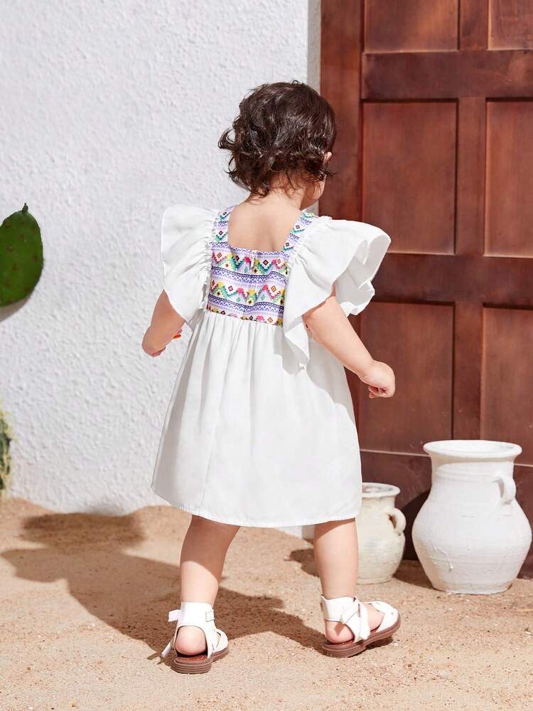 Baby Girl's Casual Vacation Geometric Pattern Colorblock Ruffle Trim Sleeveless Dress