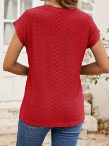 Áo thun nữ trơn màu thêu khoét rỗng, thời trang tối giản, mặc thường ngày - Đỏ - Xem 2