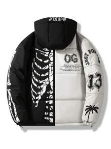 Manfinity EMRG Men Slogan Graphic Colorblock Hooded Padded Coat Party Goth Graphic Boyfriend Gift Color Block Quilted Jacket