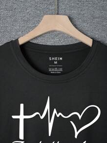 男款與心形印花短袖t恤 - 黑色 - 查看 4