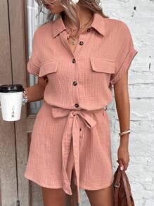 SHEIN LUNE Batwing Sleeves Belted Shirt Romper With Flap Detail - Dusty Pink - View 5