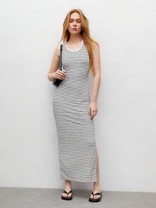 BizChic 女士條紋經典圓領無袖連身裙,側面有開衩 - 黑與白 - 查看 9