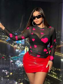 SHEIN ICON Kích thước lớn Của phụ nữ Hình trái tim Lưới trong suốt Viễn cảnh Áo - Màu Hồng Tươi - Xem 3