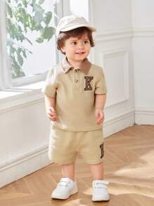SHEIN Baby Boy Contrast Collar Letter Embroidery Waffle Knit Top & Shorts