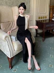 DAZY Váy dạ hội màu tương phản viền bất đối xứng dành cho nữ, Đầm dạ hội mùa hè thanh lịch cho đêm giao thừa - Đen và trắng - Xem 7