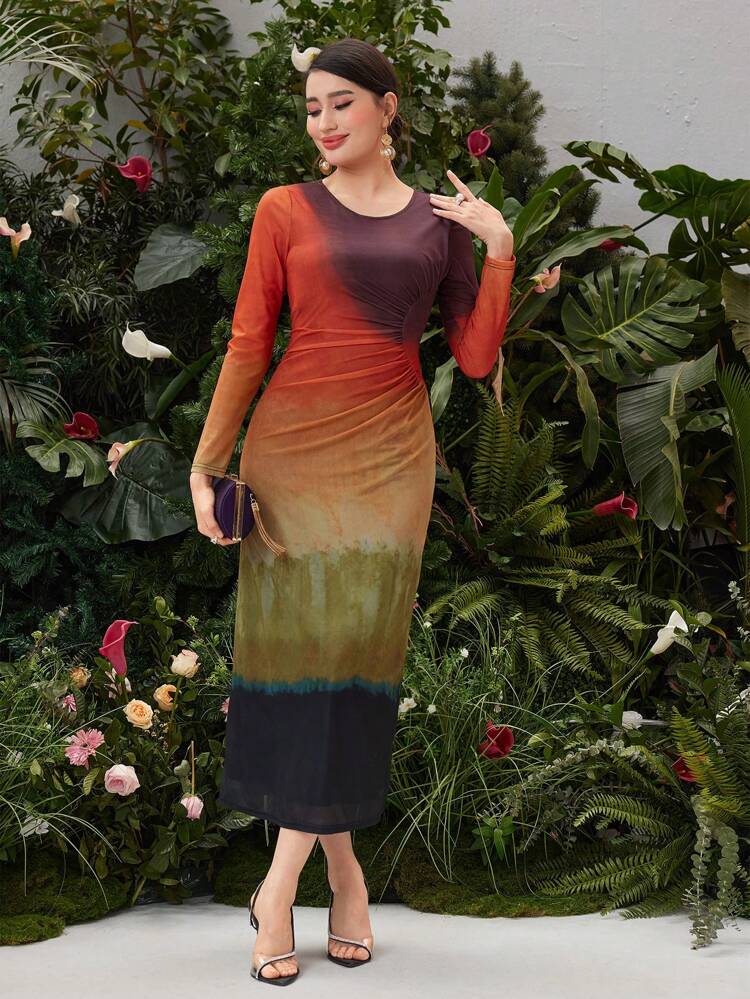 Ladies' Slim Fit Ombre Crew Neck Long Sleeve Dress Fall Cloth For Women