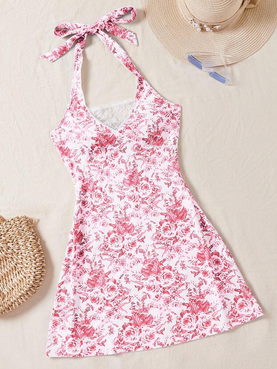 Soleia Women's Floral Printed Lace Splicing Halter Neck Vacation Dress - Red and White - View 1