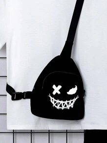 SHEIN Teen Boy Casual Print Patch Round Neck Short Sleeve T-Shirt And Shorts With Crossbody Bag Knit Three-Piece Suit