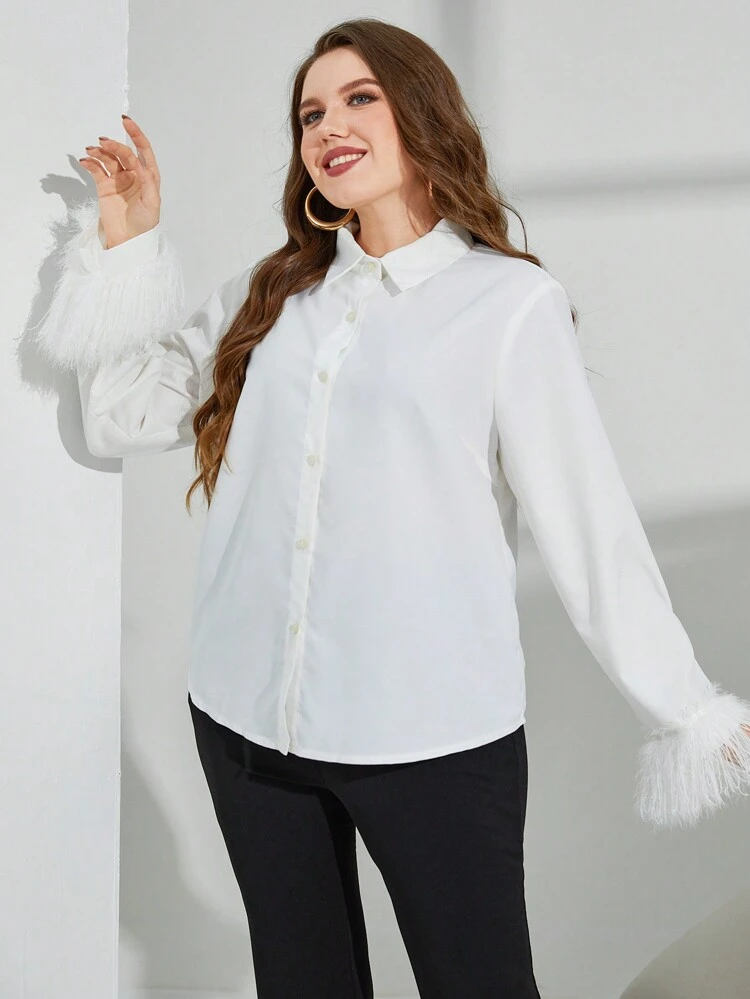 Plus Size Women's Solid Color Plaid Hem Fluffy Sleeve Cuff Shirt