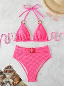 SHEIN Swim Women's Halter Bikini Set Summer Beach - Hot Pink - View 5