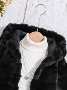 SHEIN 青少女長袖毛茸茸連帽外套 - 黑色 - 查看 4