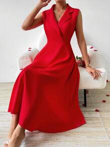 Chiquease Đầm Maxi Không Tay Phối Màu Cổ Tròn Cho Nữ Quần Áo Năm Mới - Đỏ - Xem 3