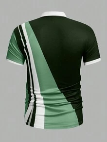 SHEIN Manfinity Homme 男士彩色拼接條紋短袖polo衫 - 綠色 - 查看 2