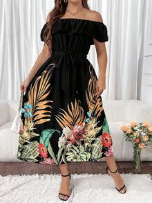 SHEIN Holidaya 大尺碼女士露肩植物印花裝 - 黑色 - 查看 5