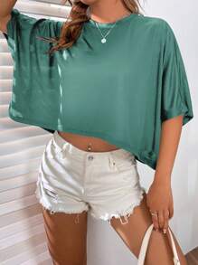 SHEIN EZwear Camiseta De Punto Corta De Cuello Redondo Para Mujer - Verde Oliva - Ver 7