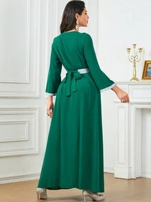 时尚刺绣串珠拼布编织腰带长袖女式阿拉伯连衣裙（带腰带） - 綠色 - 查看 2