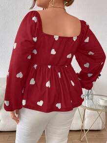SHEIN Privé Plus Size Women's Heart Print Lantern Sleeve Shirt With Ruffled Hem - Red and White - View 2