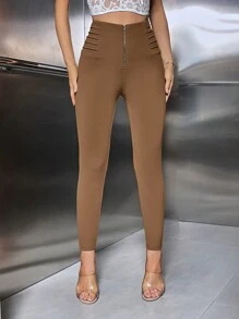 SHEIN Essnce 女式纯色前拉链长裤 - 棕色 - 查看 6
