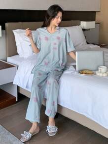 DAZY 扎染效果花卉印花缺口领睡衣套装 - 灰色 - 查看 7