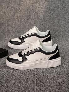 Teenage Boys' Color-Blocking Casual Sneakers With Thick, Anti-Collision Toe Cap, Suitable For Multiple Occasions, Classic White And Black Color Scheme - Black and White - View 2