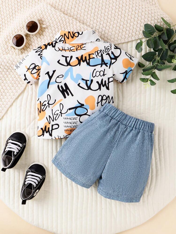 Baby Boys' Letter Printed Top And Denim Effect Shorts Set