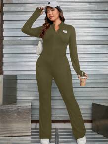 SHEIN EZwear Dệt kim Của phụ nữ Vá chữ cái Tay áo dài Áo liền quần - xanh quân đội - Xem 6