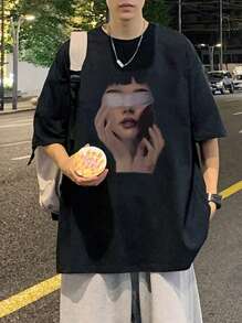 Men's Dropped Shoulder Casual Loose Graphic Print Round Neck T-Shirt