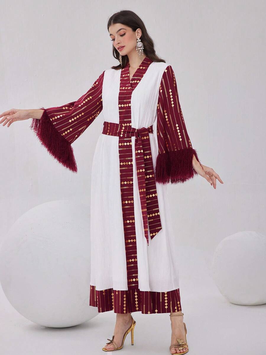 Modelyn 勃艮第红色几何图案金箔印花撞色流苏袖口连衣裙 - 酒紅色 - 查看 1