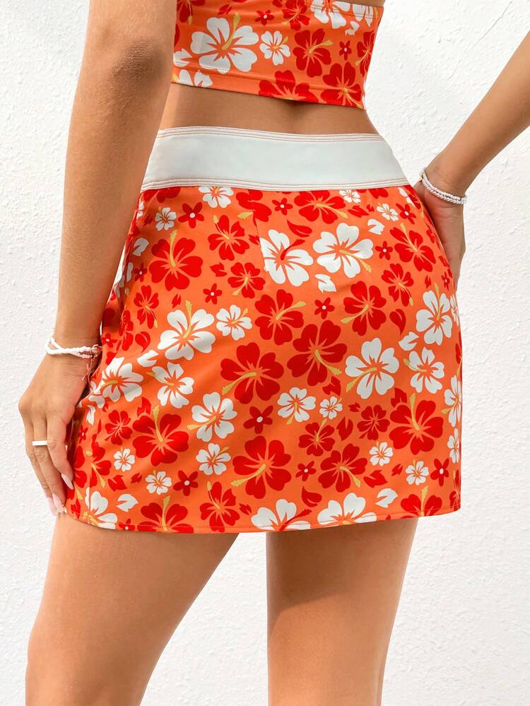 Women's Floral Printed Cross Tied Waist Skirt