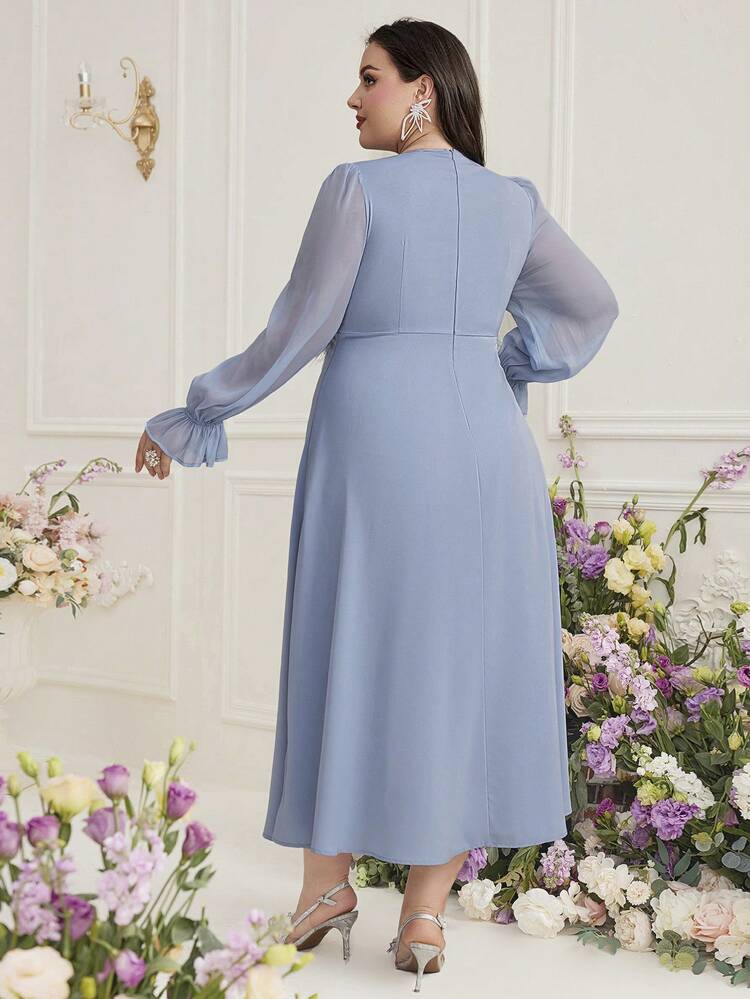 Plus Size Solid Color Lantern Sleeve V-Neck Casual Dress Long Evening Dresses