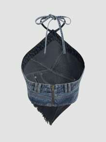 Casual Frayed Edge Halter Neck Denim Top - Dark Wash - View 3