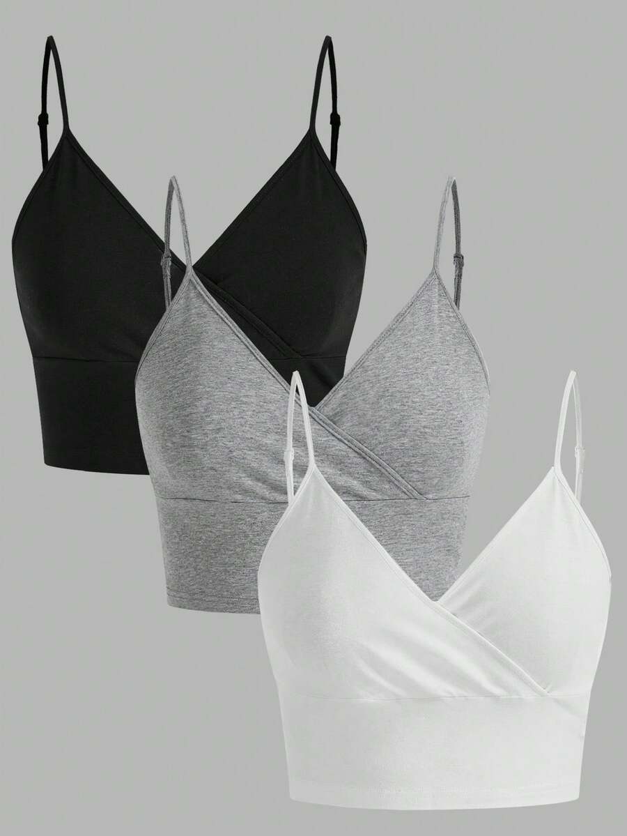 SHEIN EZwear 3入組女式v領十字交叉設計貼身短上衣 - 彩色 - 查看 1