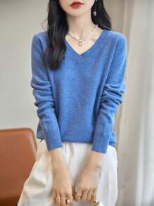 100% Wool V-Neck Long Sleeve Lightweight Warm Sweater, New Autumn/Winter 2024 Collection - Blue - View 4
