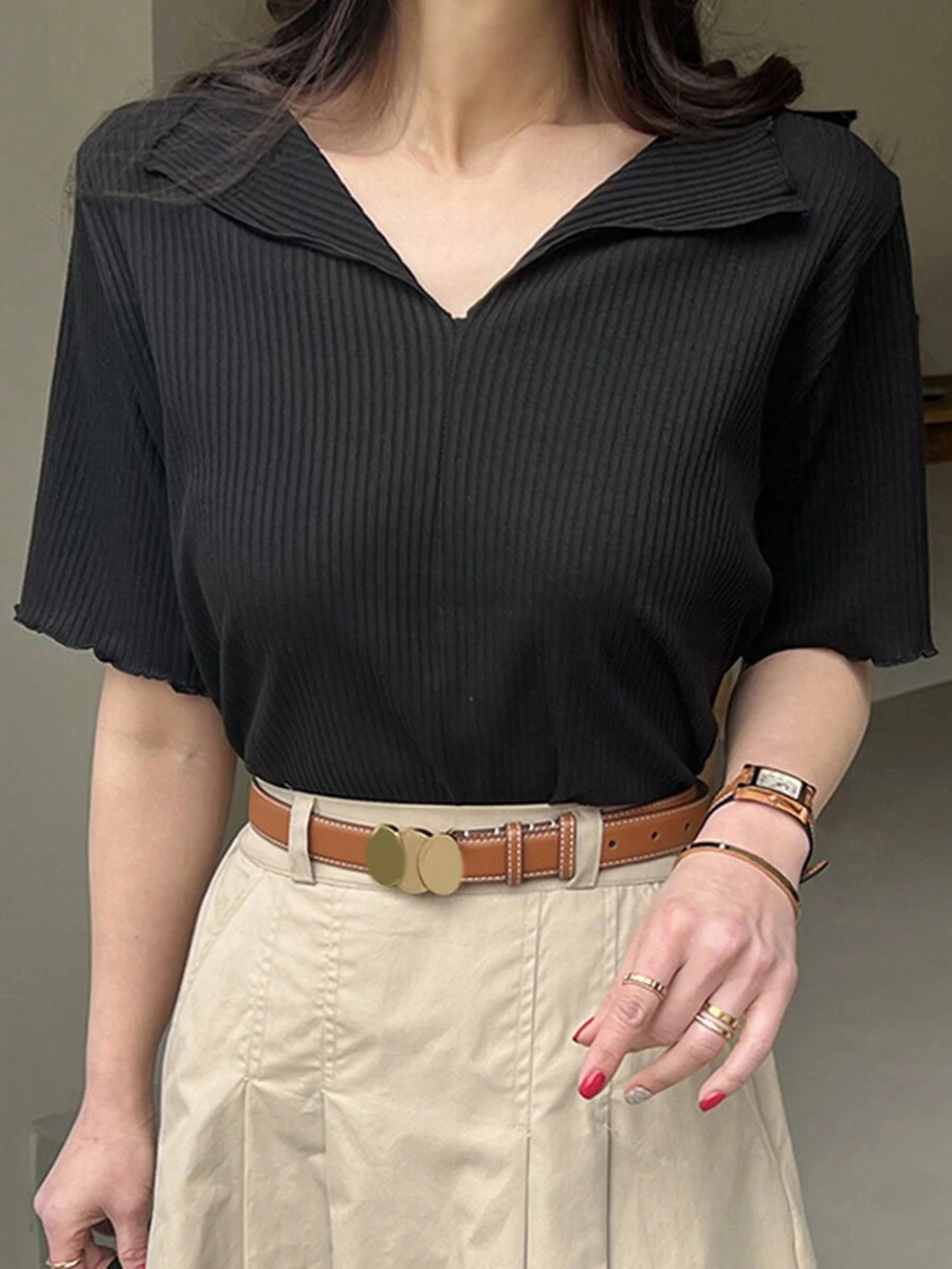 DAZY Women's Solid Color Short Sleeve Slim Fit T-Shirt Summer,Business Casual Women - Black - View 1