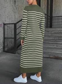 Cloudara Striped Long Sleeve Crew Neck Sweater Dress - Olive Green - View 2