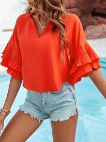 SHEIN Holidaya Women's Short Sleeve Blouse With Pressed Placket Detail - Orange - View 1