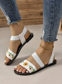 New Fashion White Floral Pattern Women's Flat Roman Sandals - White - View 6