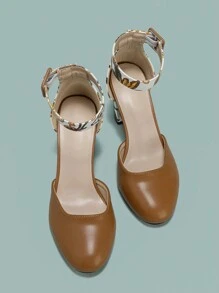 2025 秋冬女款春夏粗跟圆头镂空花卉高跟鞋，优雅，女式浅口鞋 - 彩色 - 查看 4