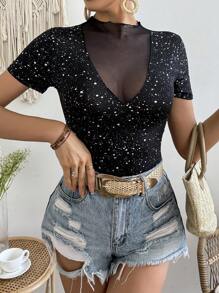 SHEIN VCAY Playera Ajustada Con Estampado Plateado E Inserciones De Malla - Negro - Ver 6